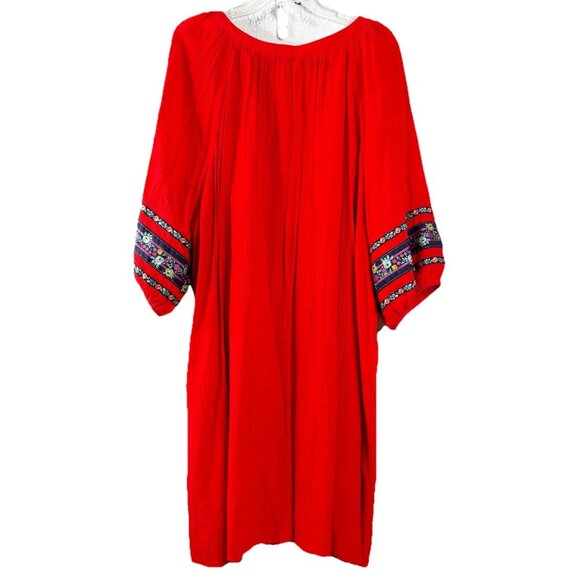 Pioneer Woman 3XL Red Rayon/Poly 40"L Dress Embroidered Puff Sleeve V-Neck EUC - Picture 2 of 10